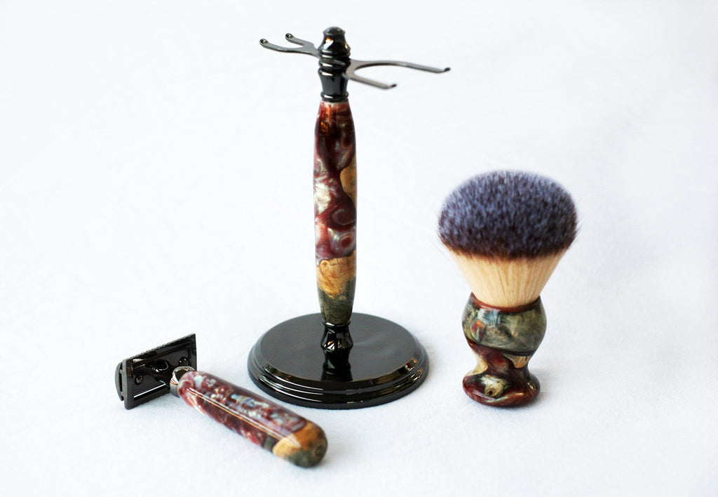 Buckeye Burl Wood Hand Crafted Shave Set with 'Chameleon' Resin safety razor, 26mm lather brush and a matching shave stand.