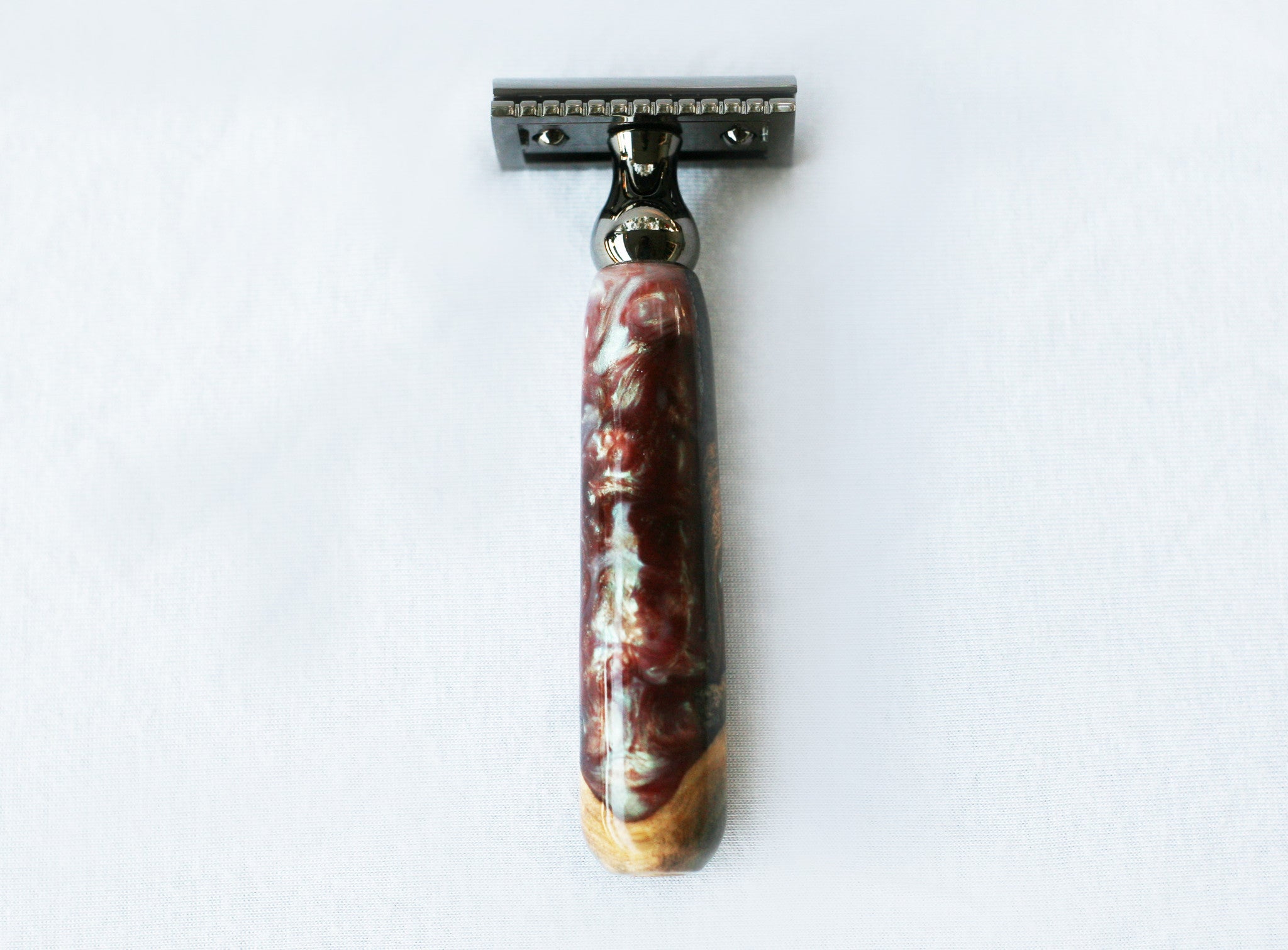 Buckeye Burl Wood Hand Crafted Shave Set with 'Chameleon' Resin safety razor, 26mm lather brush and a matching shave stand.
