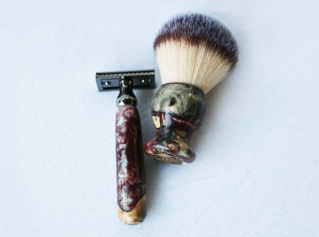 Buckeye Burl Wood Hand Crafted Shave Set with 'Chameleon' Resin safety razor, 26mm lather brush and a matching shave stand.