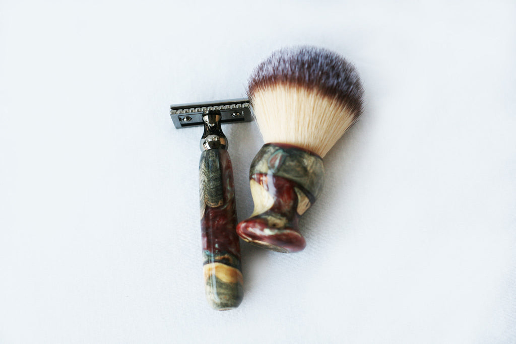 Buckeye Burl Wood Hand Crafted Shave Set with 'Chameleon' Resin safety razor, 26mm lather brush and a matching shave stand.