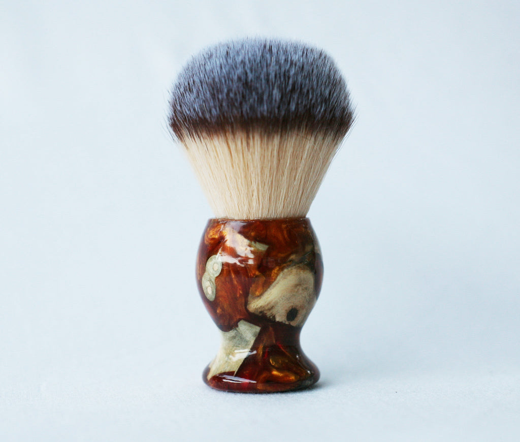 Buckeye Burl Shave Set with Gold and red swirl  Resin safety razor, 26mm lather brush and a matching shave stand.
