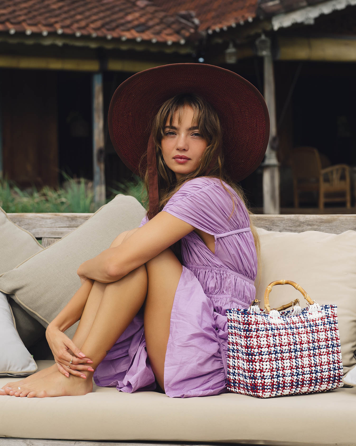 The Lolo Wide-brim Jute Boater Hat in Burgundy