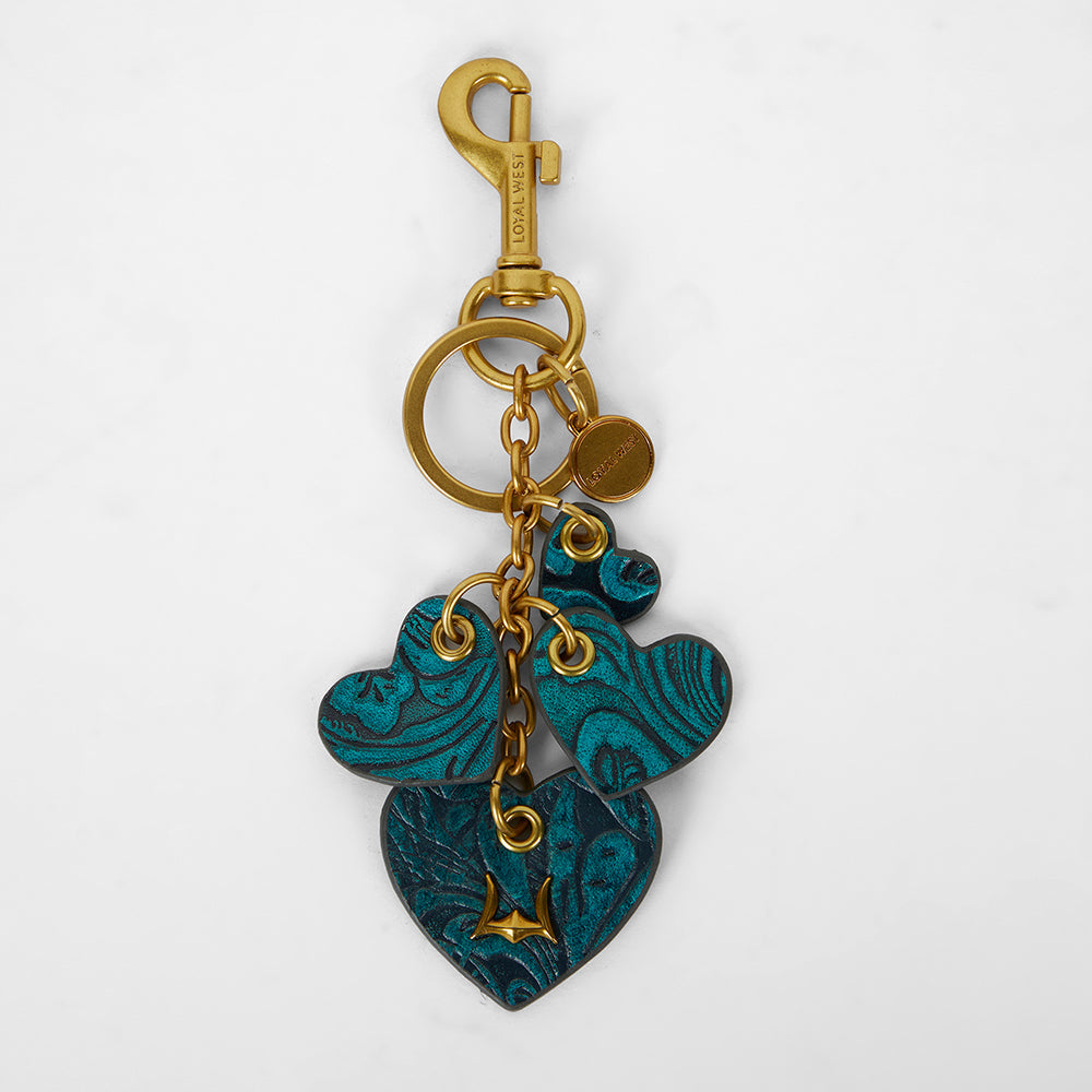 Loyal West HEART SHAPE KEYCHAIN IN HAND FINISHED EMBOSSED LEATHER -  TURQUOISE