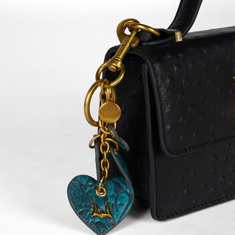 Loyal West HEART SHAPE KEYCHAIN IN HAND FINISHED EMBOSSED LEATHER -  TURQUOISE