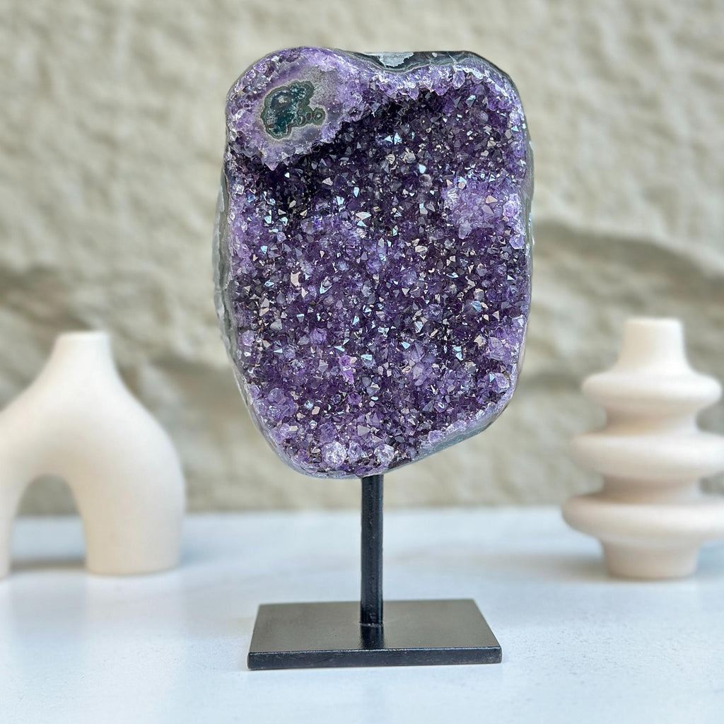 Large Deep Purple Amethyst Geode Crystal on Modern Stand
