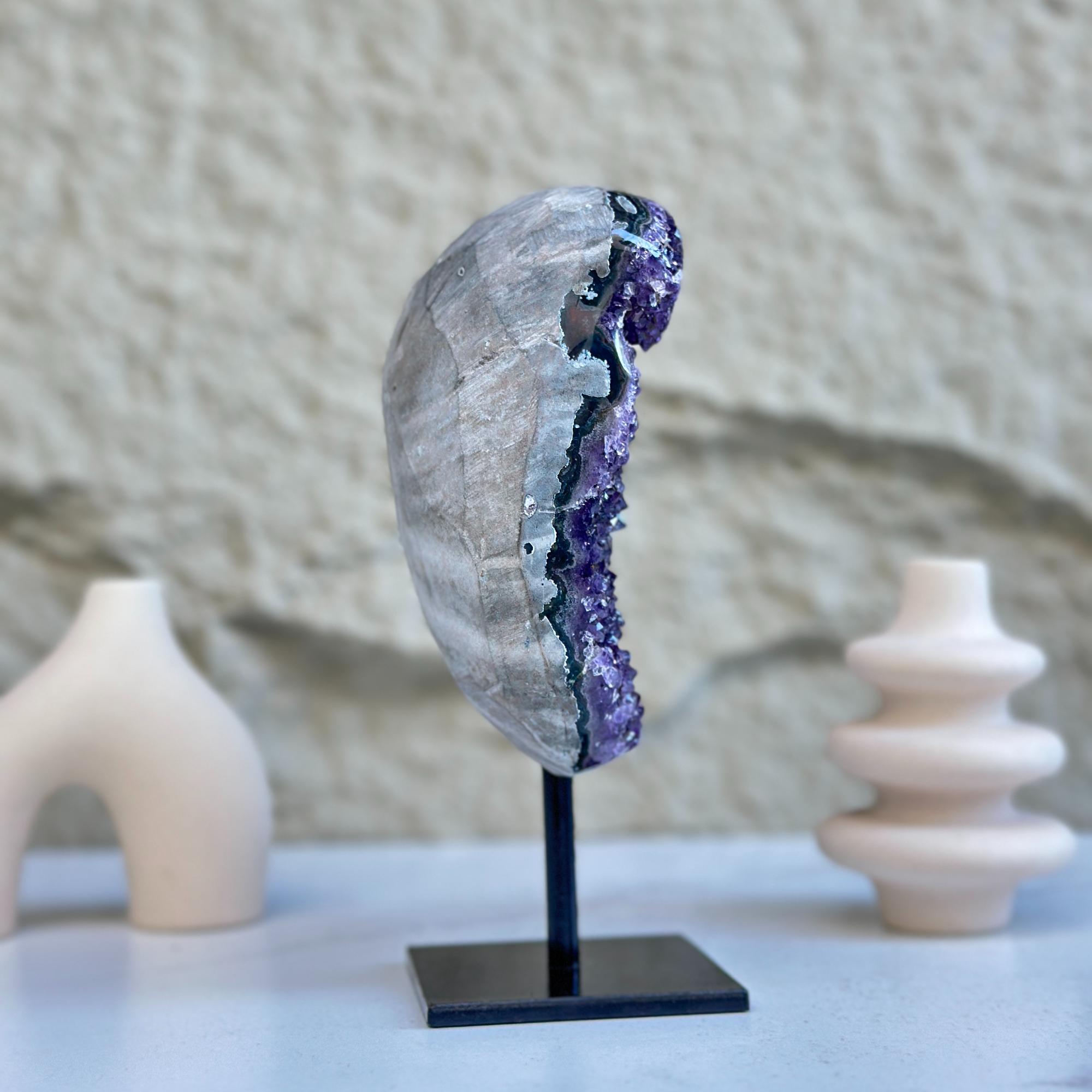 Large Deep Purple Amethyst Geode Crystal on Modern Stand