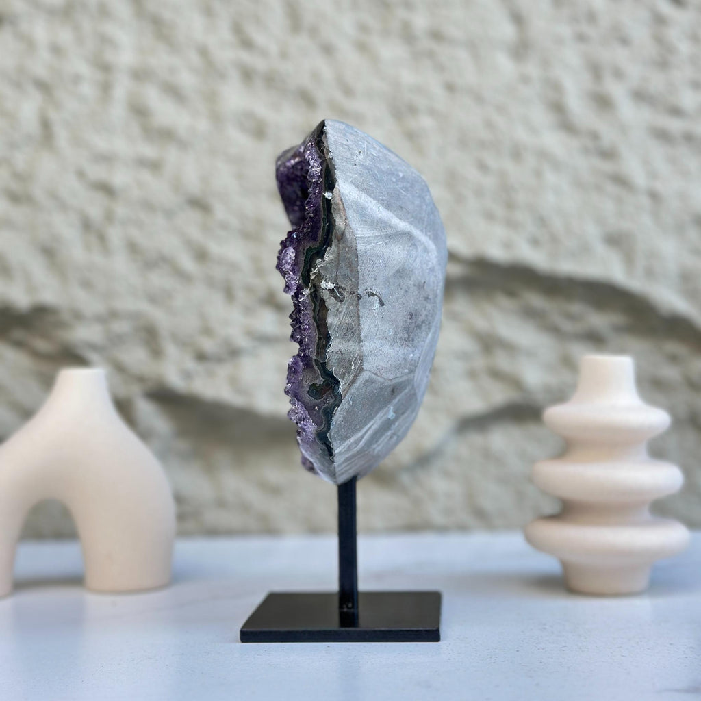 Large Deep Purple Amethyst Geode Crystal on Modern Stand