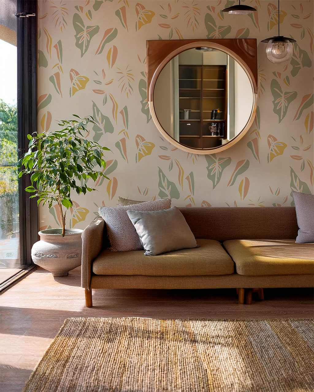 Block Print Foliage Wallpaper, tan and mint