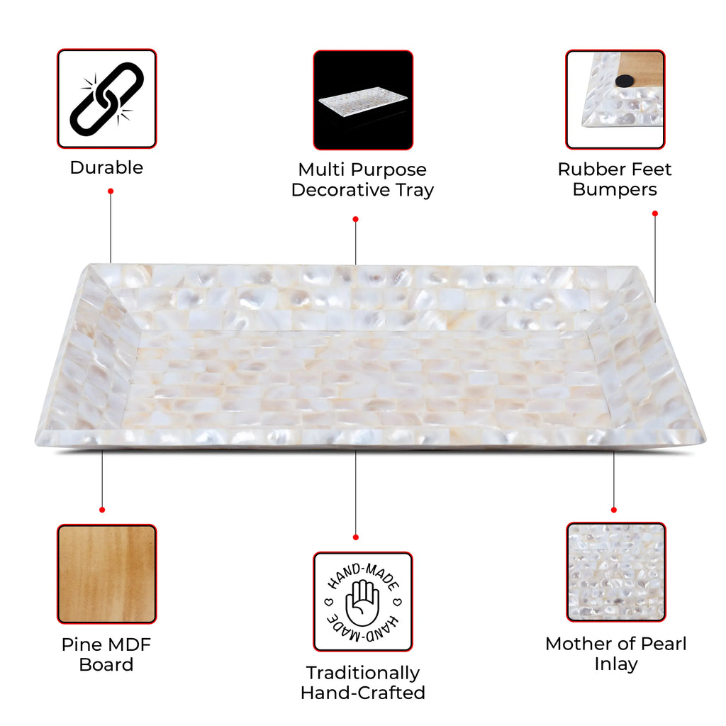 Decorative Tray Mother of Pearl White Vanity & Dresser Organizer – 12" x 7"