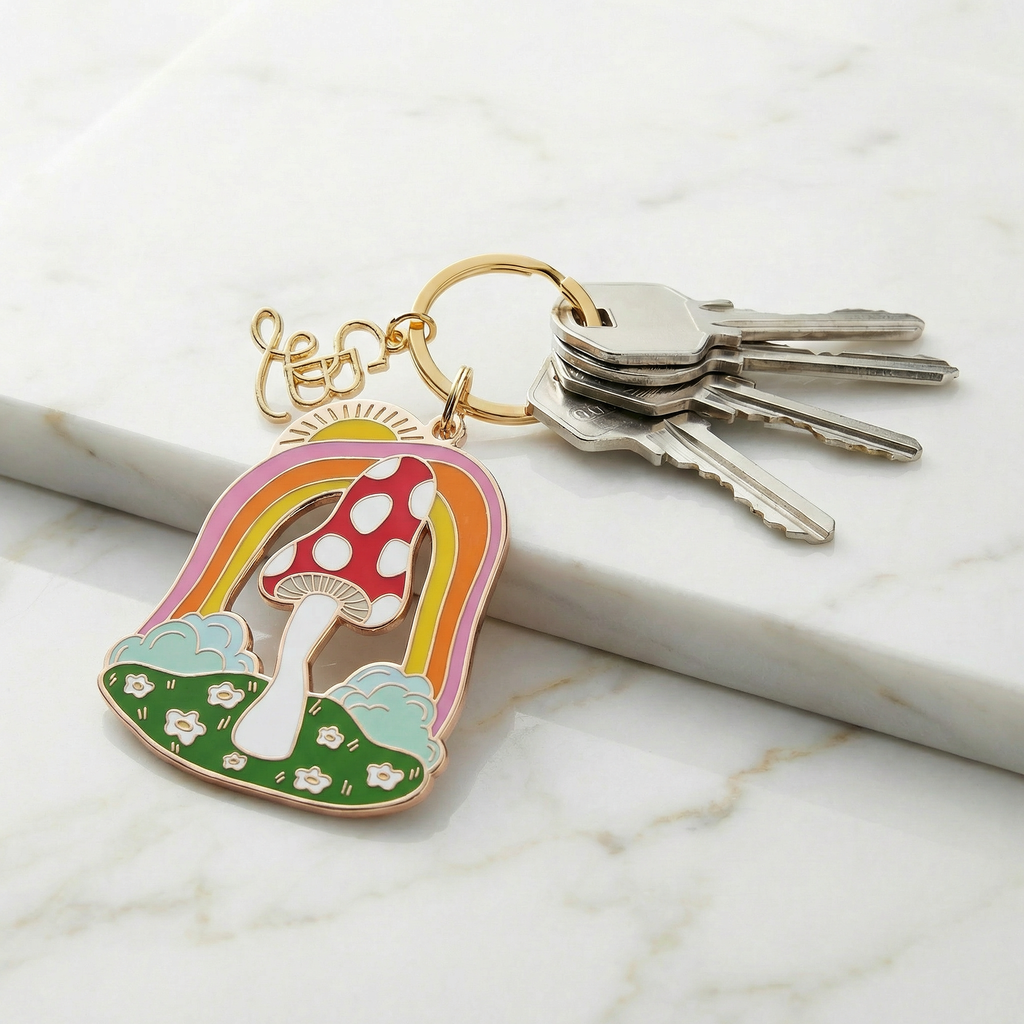Magic Mushroom Brass and Enamel Keychain | Enchanting Toadstool Fungi Key Ring Holder
