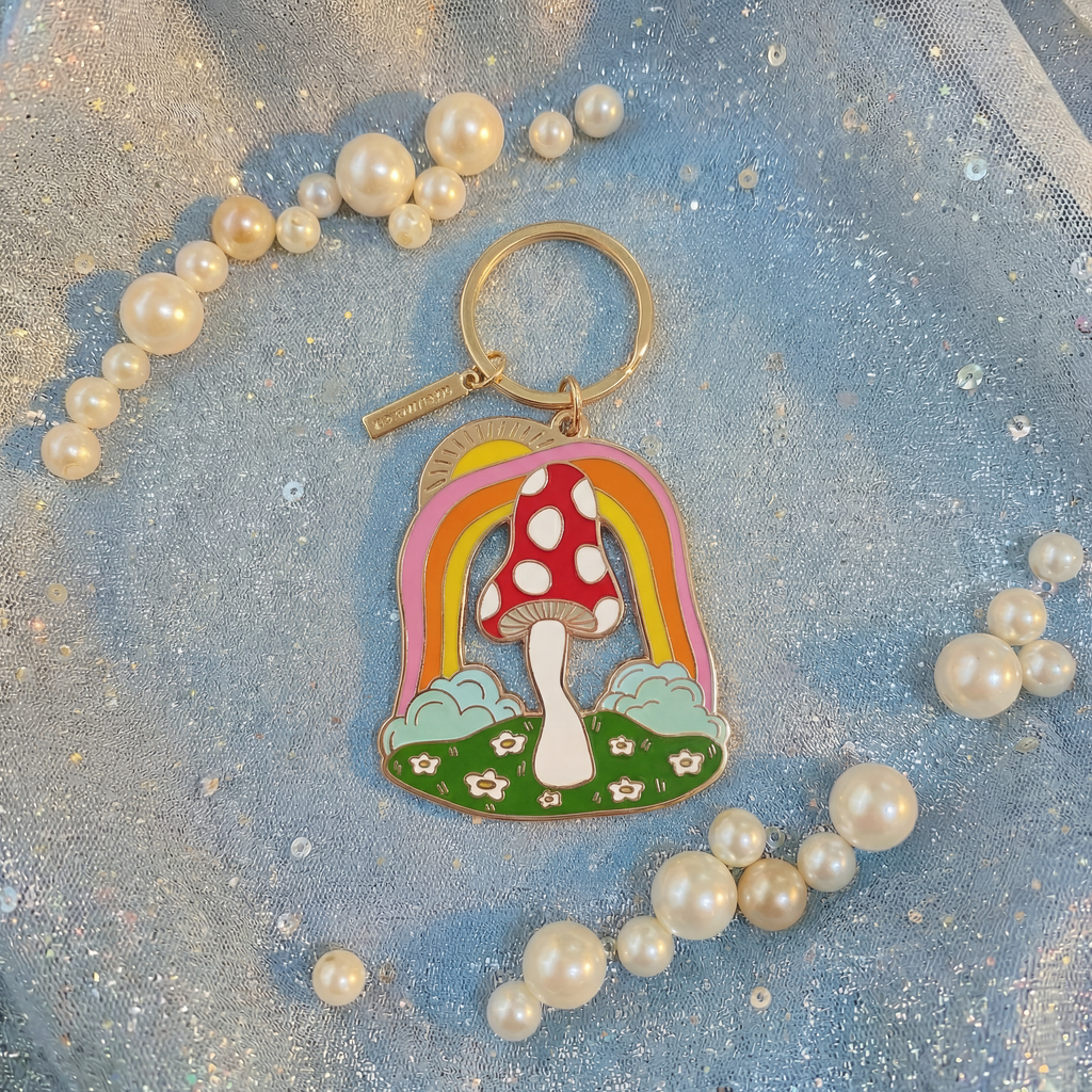 Magic Mushroom Brass and Enamel Keychain | Enchanting Toadstool Fungi Key Ring Holder