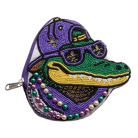 Mardi Gras Cool Alligator Seed Beaded Mini Pouch Bag