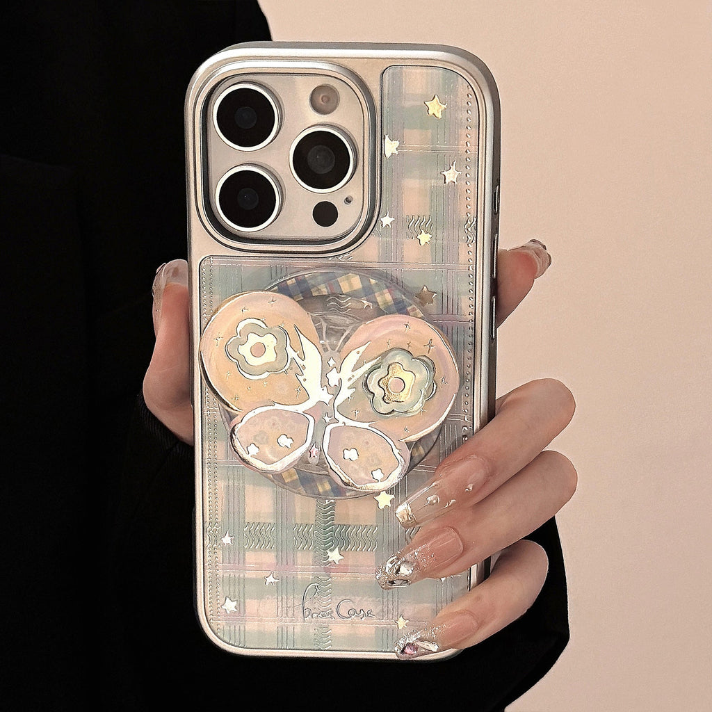 Gilt applicable iphone15 apple 16promax mobile phone case rotating bow magnetic suction bracket 14 plaid 17