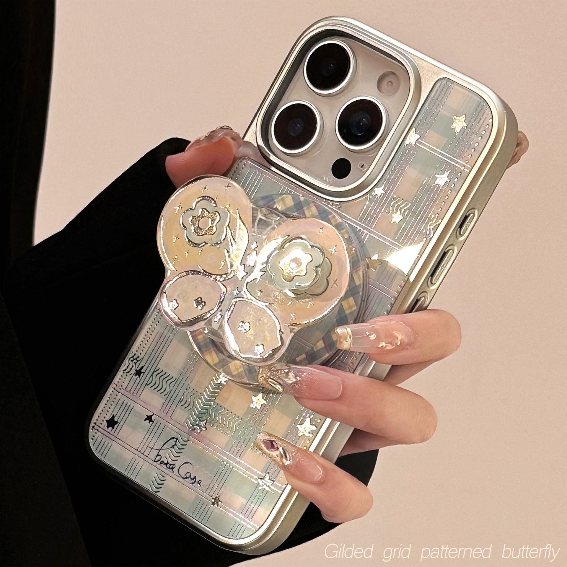 Gilt applicable iphone15 apple 16promax mobile phone case rotating bow magnetic suction bracket 14 plaid 17