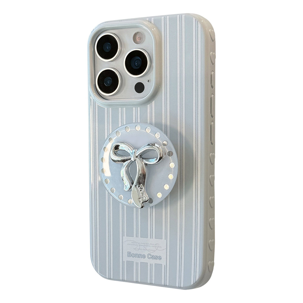 Silver bow holder Apple 16 mobile phone case iphone17 for 12 light luxury 15promax blue stripe 13 soft