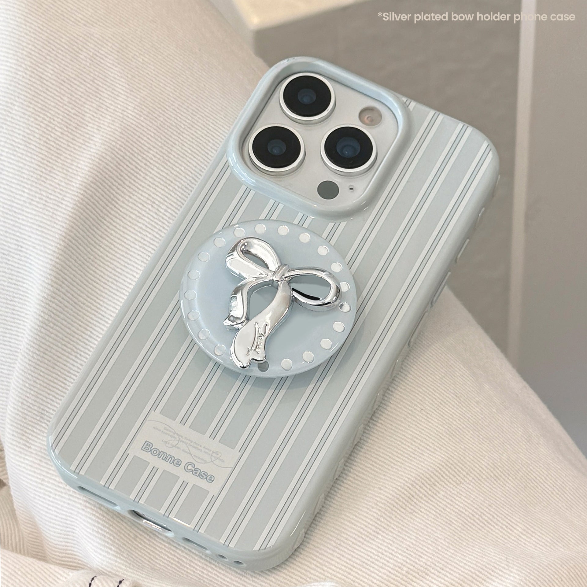 Silver bow holder Apple 16 mobile phone case iphone17 for 12 light luxury 15promax blue stripe 13 soft
