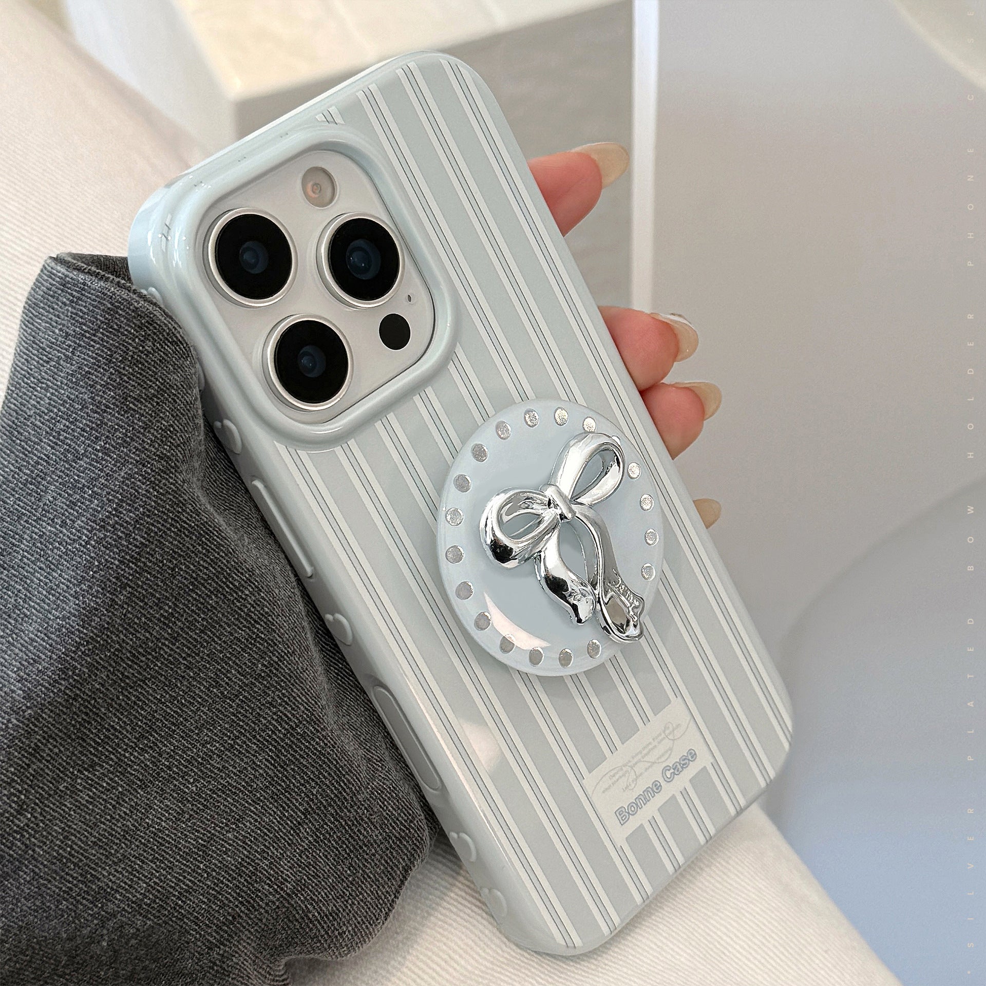 Silver bow holder Apple 16 mobile phone case iphone17 for 12 light luxury 15promax blue stripe 13 soft