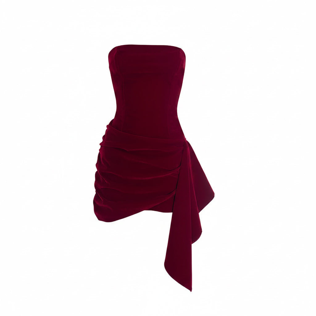 Women Clothing Winter Solid Color Elegant Graceful Suede Simple Tube Top Ribbon Short Dress