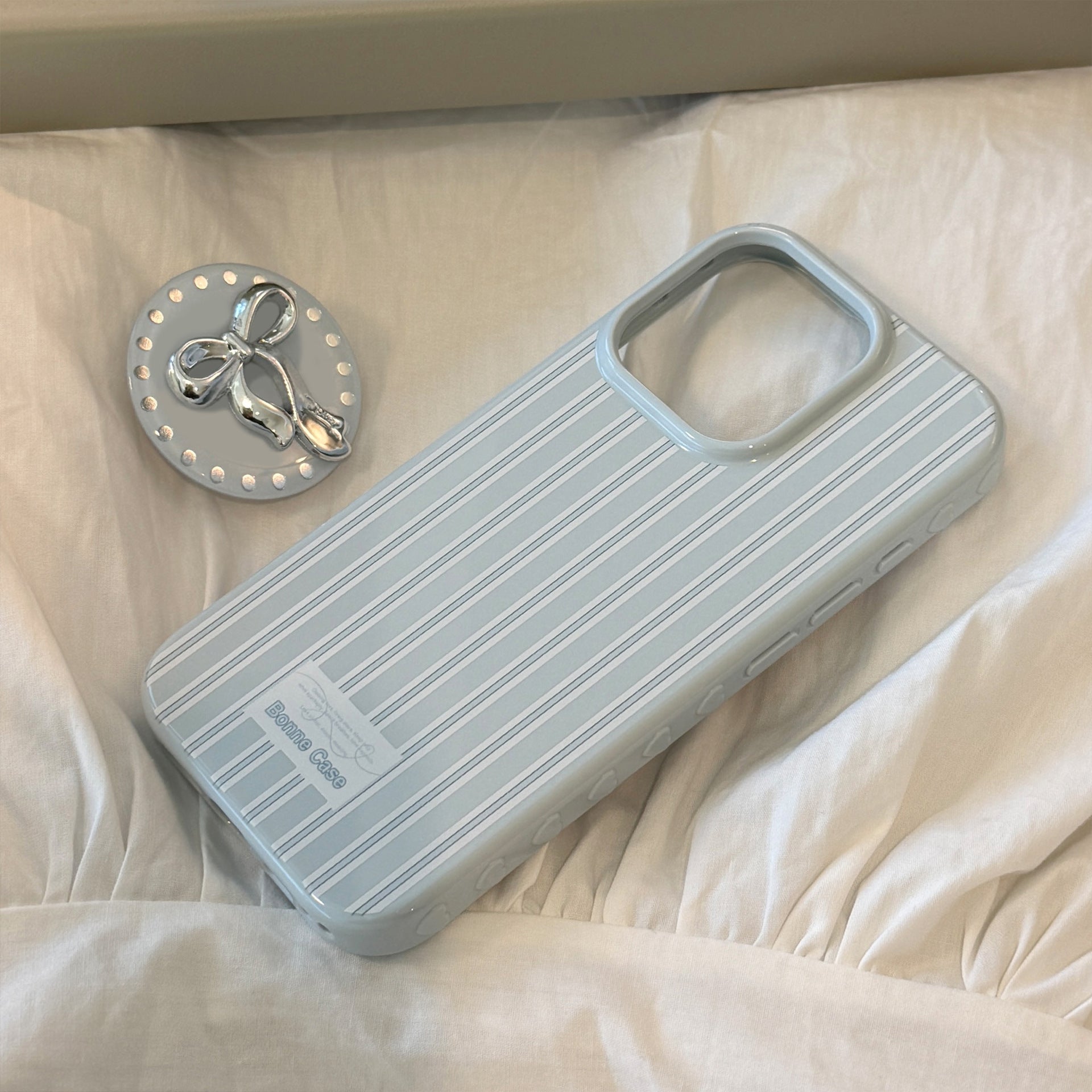 Silver bow holder Apple 16 mobile phone case iphone17 for 12 light luxury 15promax blue stripe 13 soft