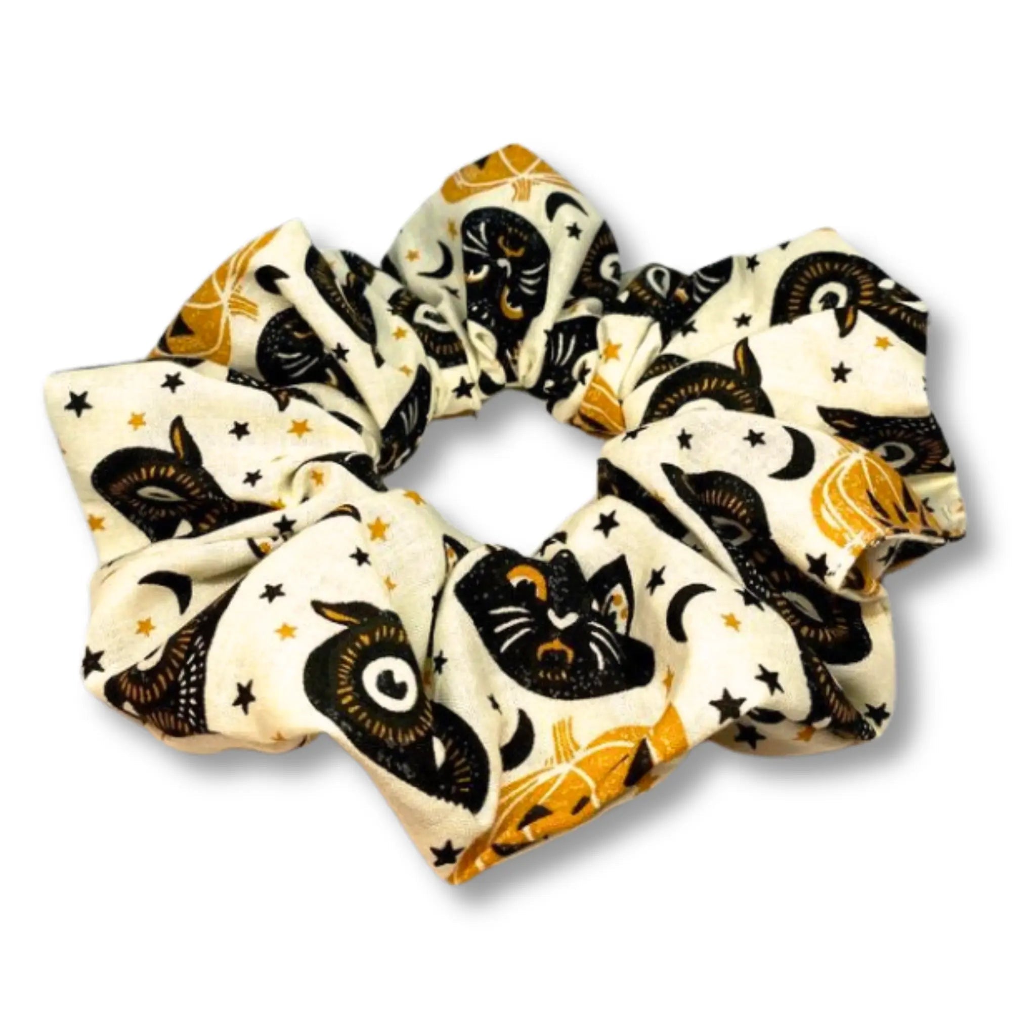 White Cat and Owl Heads Halloween Scrunchie
