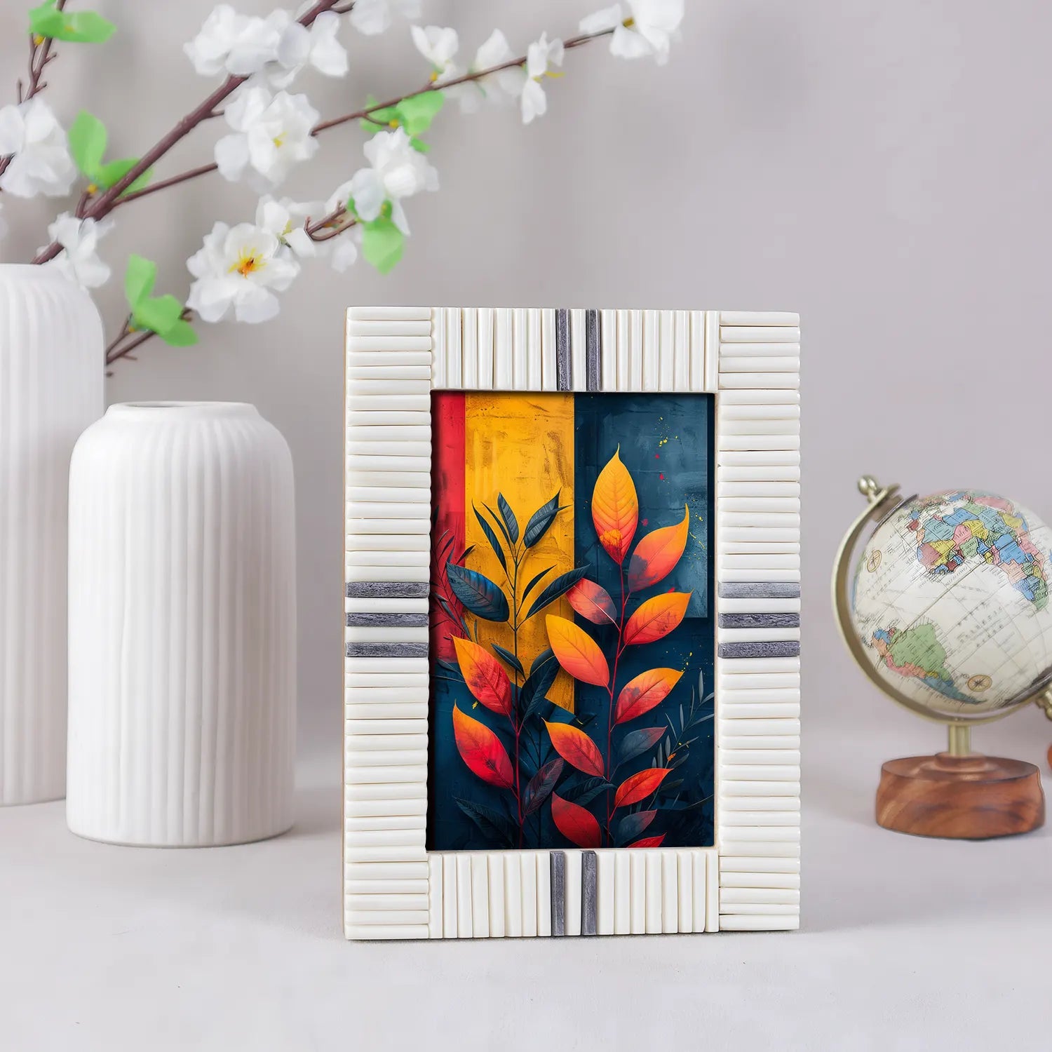 Picture Frame Linear Stripe Collection Bone Inlay White & Grey – 4x6 & 5x7"