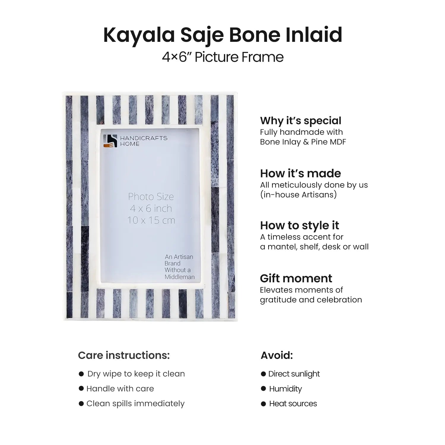 Picture Frames Kayala Saje Collection Bone Inlay, Grey-White, 4x6, 5x7 & 8x10