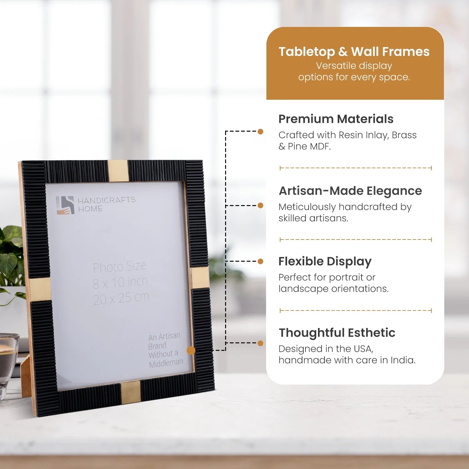 Picture Frame Deco Accent Collection Resin & Brass Inlay Black– 3 Sizes