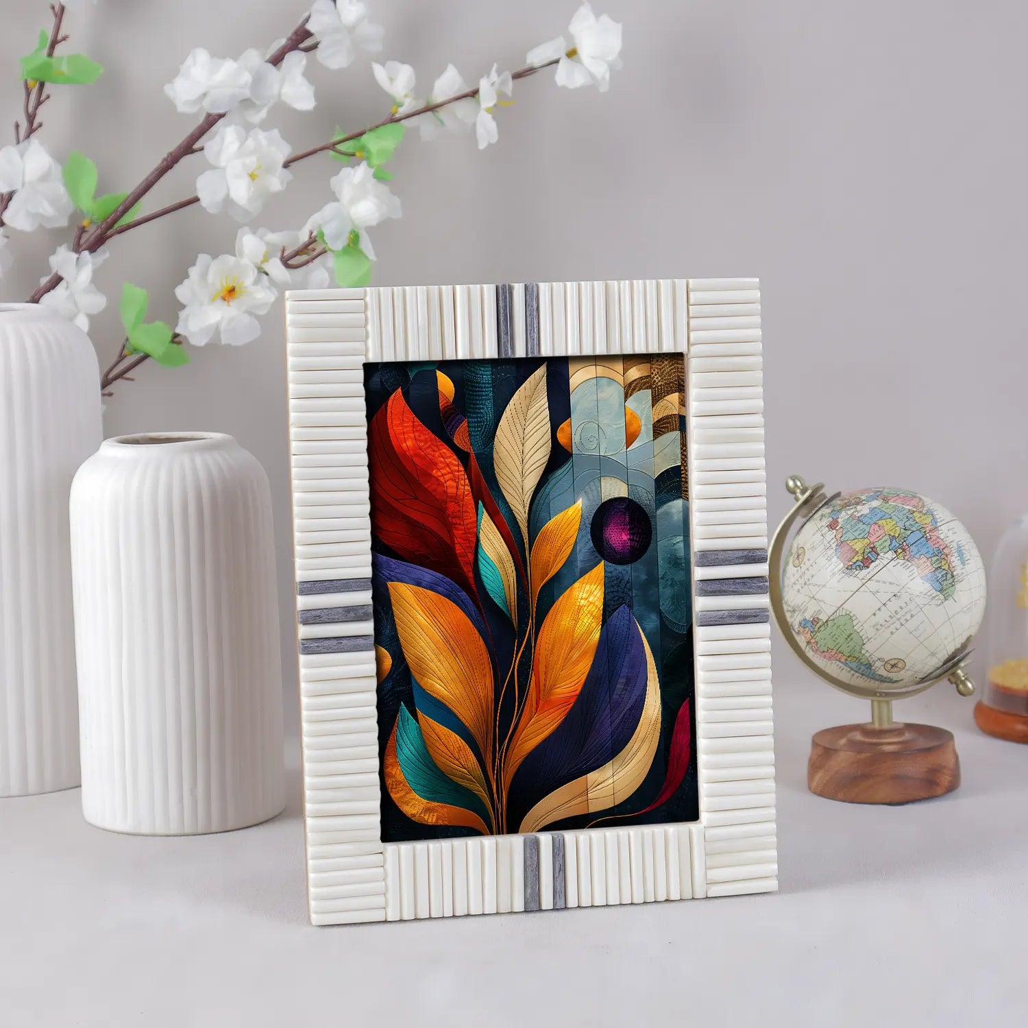 Picture Frame Linear Stripe Collection Bone Inlay White & Grey – 4x6 & 5x7"