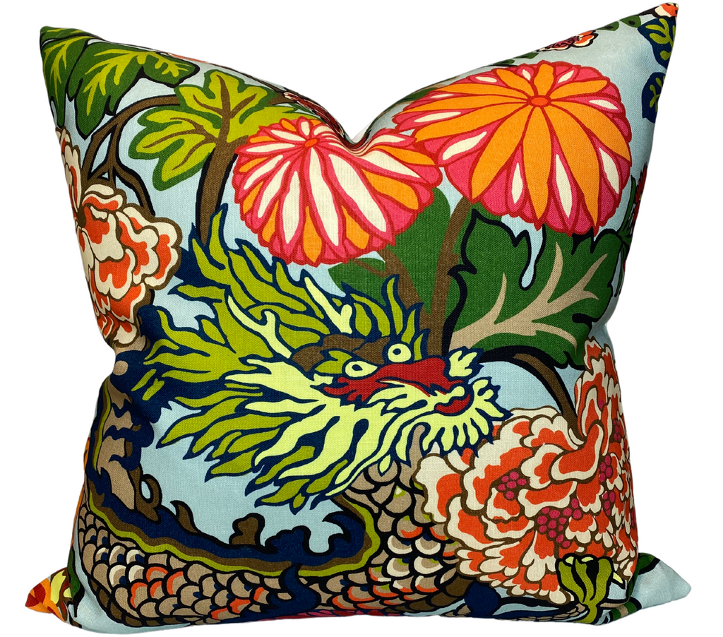 Chiang Mai Dragon Pillow Cover in Aquamarine, Indoor Outdoor Pillows, Schumacher Textiles