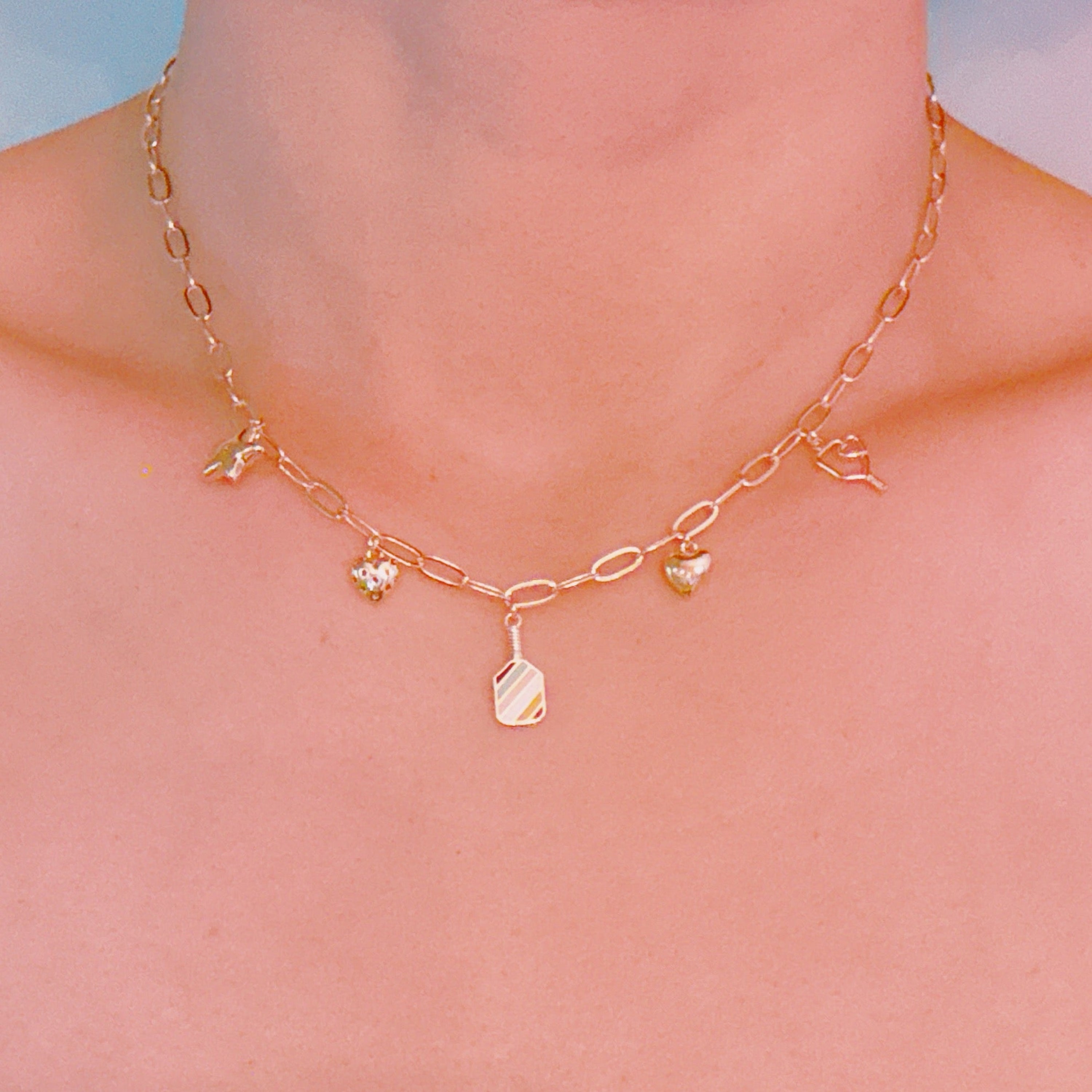 Pickleball Play Charm Necklace – Gold Chain with Playful Pickleball-Inspired Charms