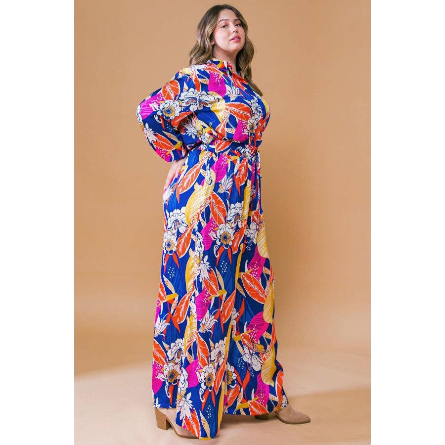 Printed Woven Jumpsuit in Blue with Flowers And Leaf Designs | Long Sleeve Romper
