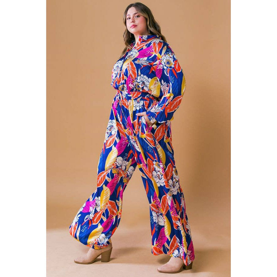 Printed Woven Jumpsuit in Blue with Flowers And Leaf Designs | Long Sleeve Romper
