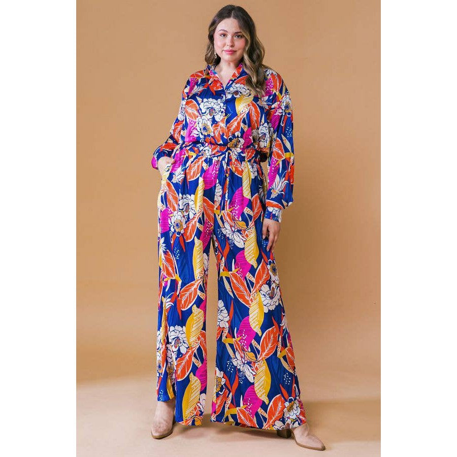 Printed Woven Jumpsuit in Blue with Flowers And Leaf Designs | Long Sleeve Romper