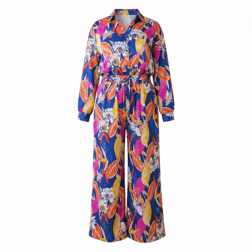 Printed Woven Jumpsuit in Blue with Flowers And Leaf Designs | Long Sleeve Romper