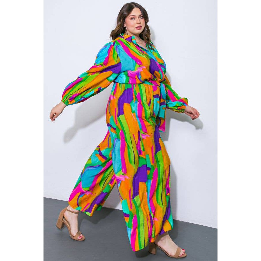 Watercolor Printed Woven Jumpsuit | Green Pink Long Sleeve Overall Romper