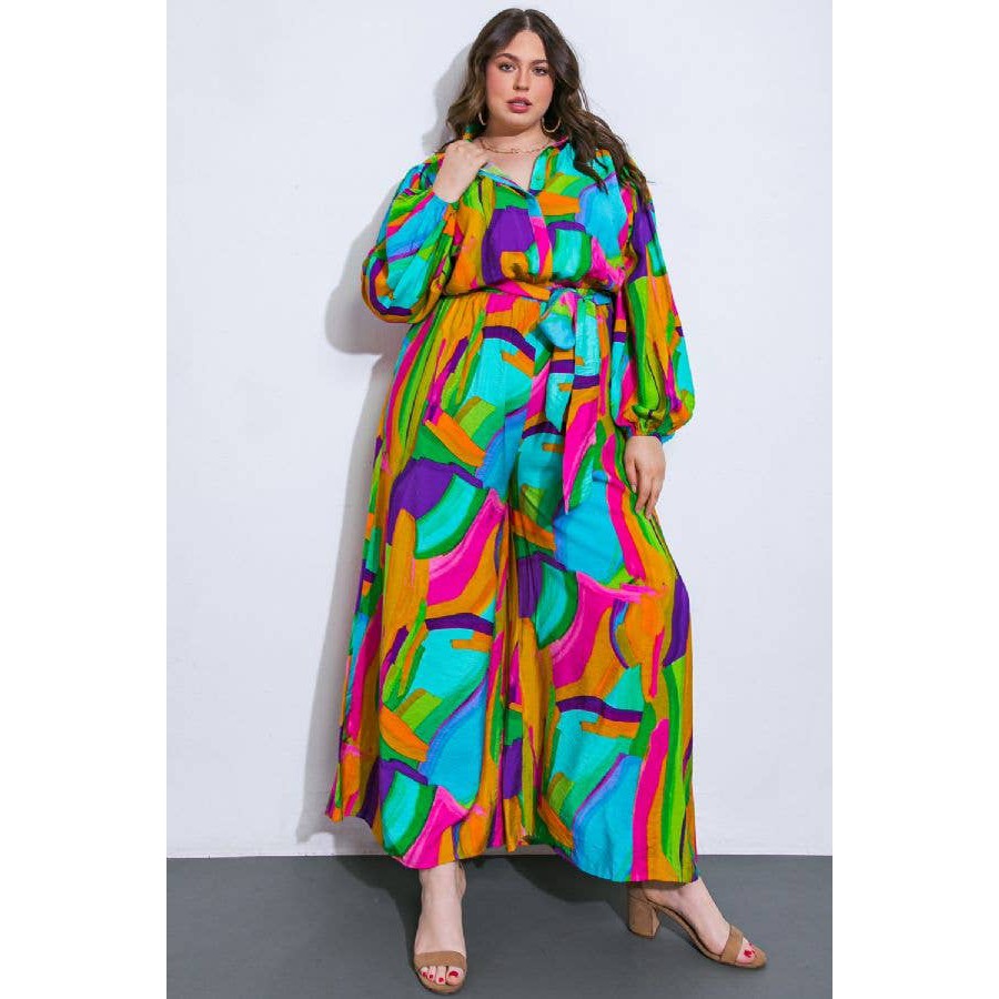 Watercolor Printed Woven Jumpsuit | Green Pink Long Sleeve Overall Romper