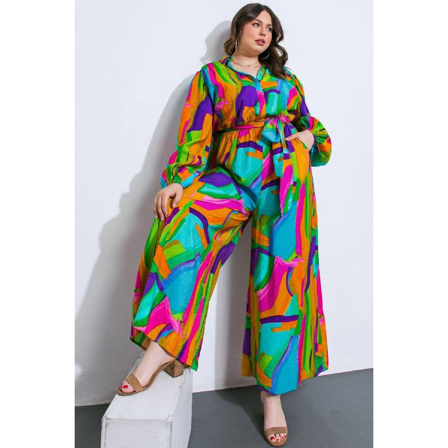 Watercolor Printed Woven Jumpsuit | Green Pink Long Sleeve Overall Romper
