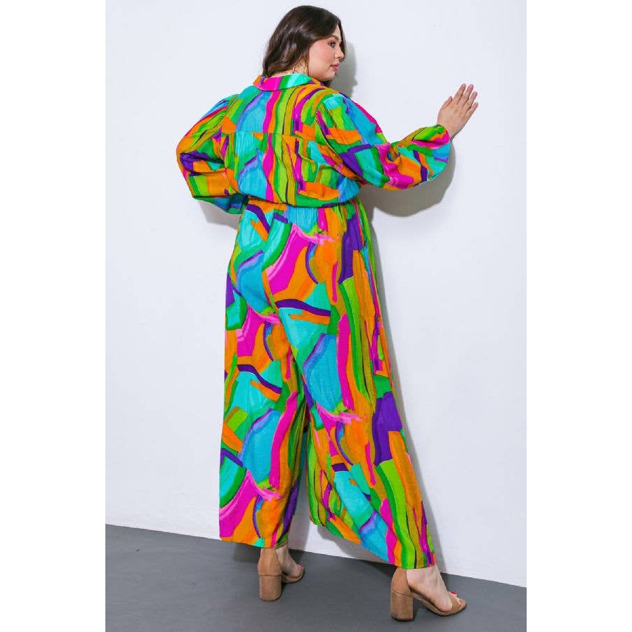 Watercolor Printed Woven Jumpsuit | Green Pink Long Sleeve Overall Romper