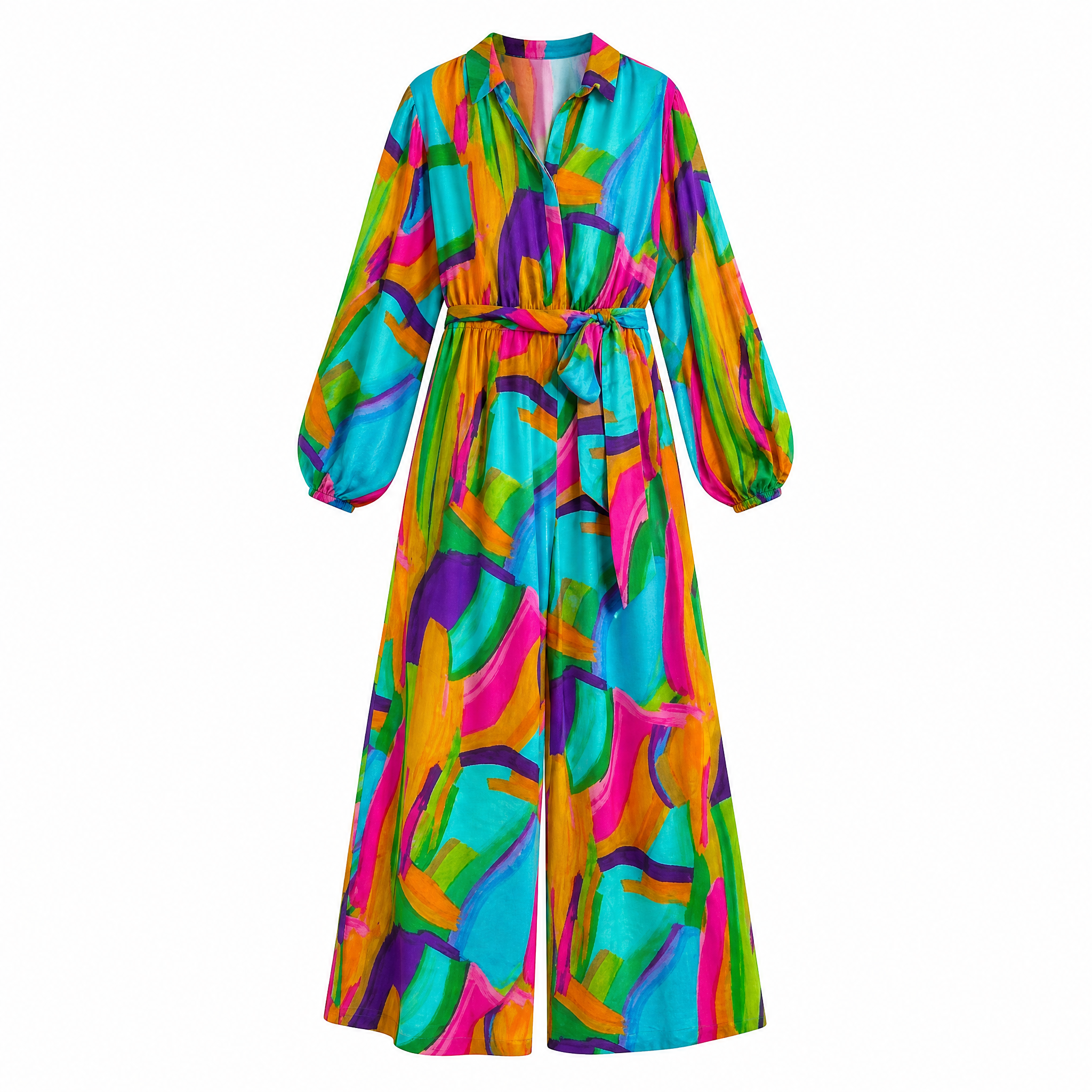 Watercolor Printed Woven Jumpsuit | Green Pink Long Sleeve Overall Romper