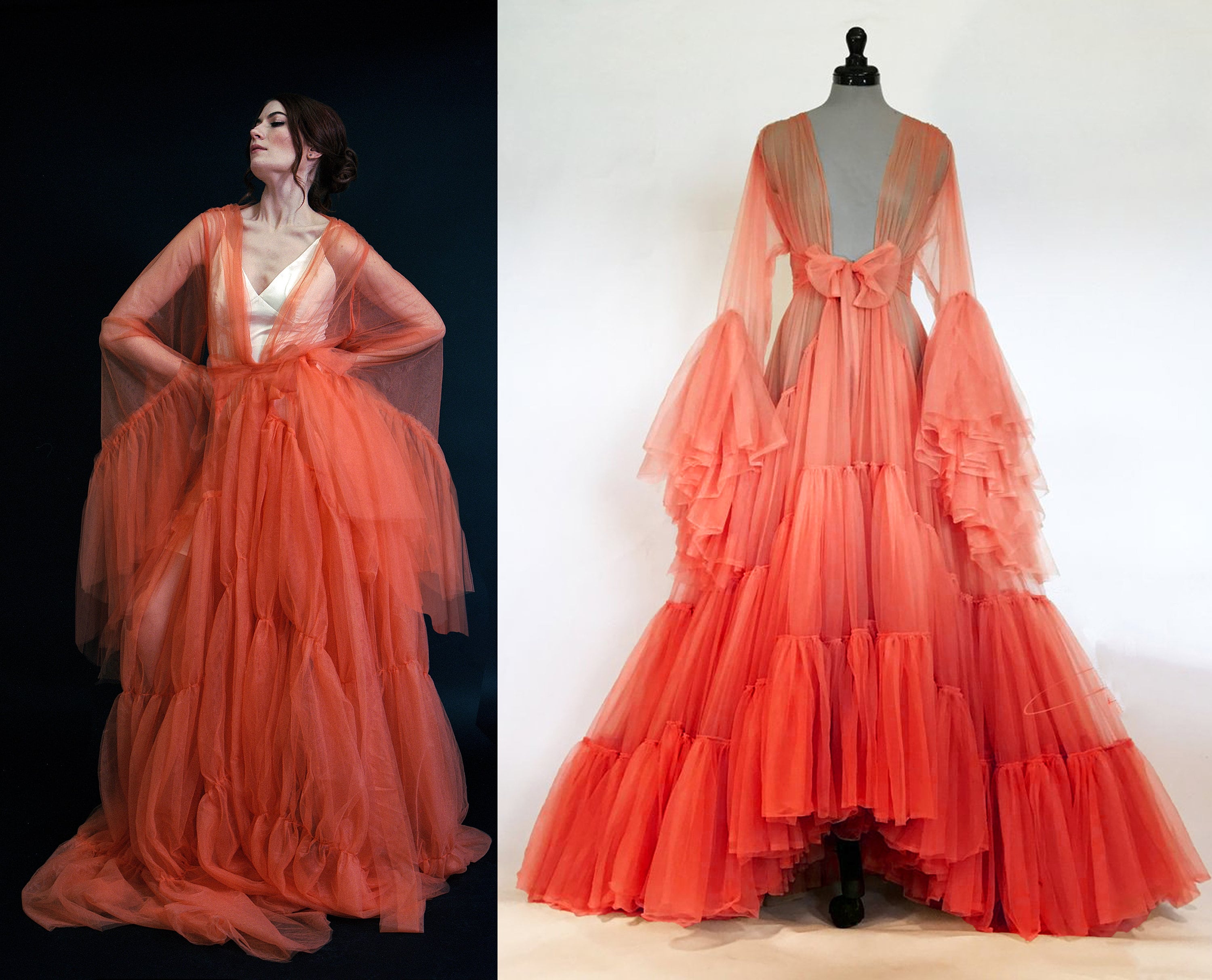 Tulle Ruffled Sleeves Layered Fringe Long Robe Dress