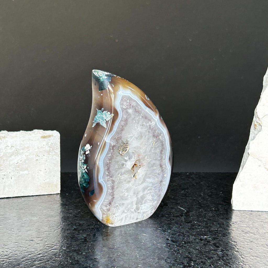 Quartz Crystal Flame, polished amethyst geode