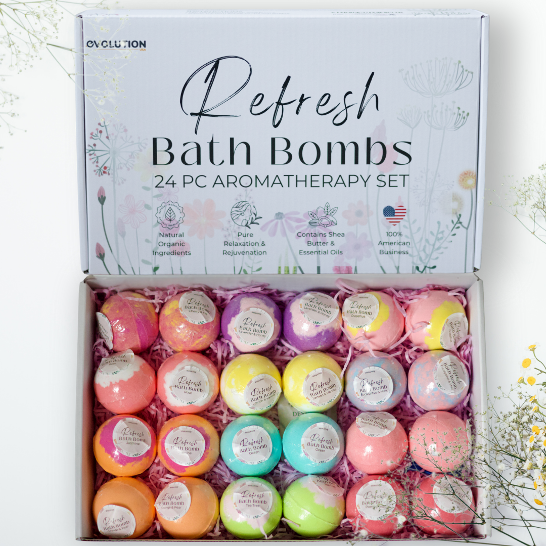 EvolutionUSA Refresh Bath Bombs for Women & Kids – 24 Lush Bath Bombs Mini Sized, Organic Bathbomb Set, Women & Kids Bath Fizz, Luxury Gift for Mother’s Day, Easter, Valentines, Birthday or Self Care