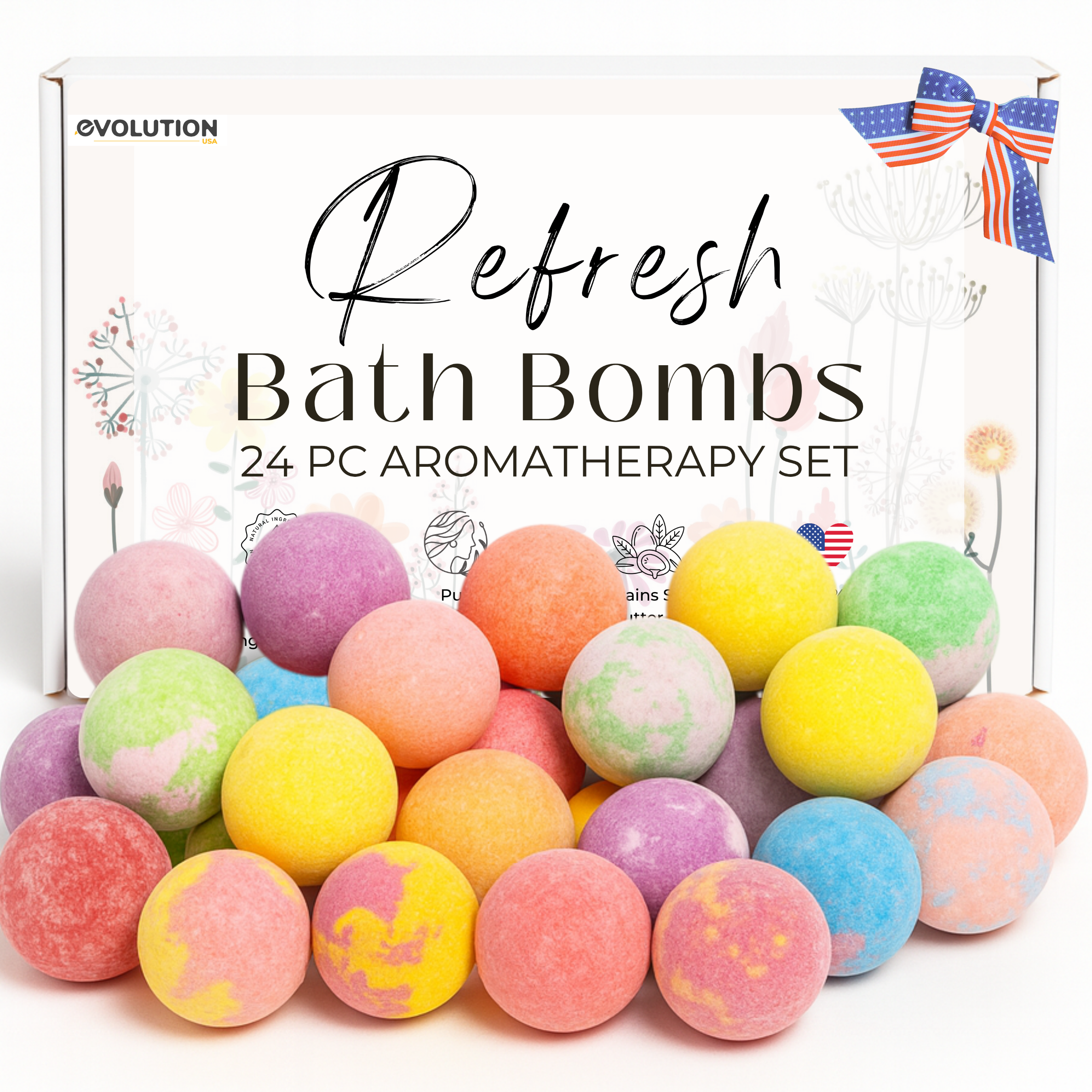 EvolutionUSA Refresh Bath Bombs for Women & Kids – 24 Lush Bath Bombs Mini Sized, Organic Bathbomb Set, Women & Kids Bath Fizz, Luxury Gift for Mother’s Day, Easter, Valentines, Birthday or Self Care