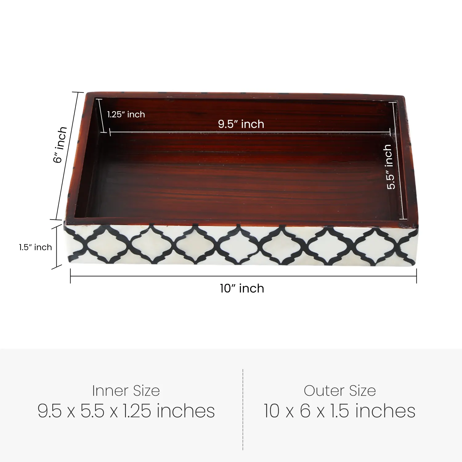 Vanity Trays Moroccan Pattern Bone & Resin inlay, Black & White, 10" x 6"