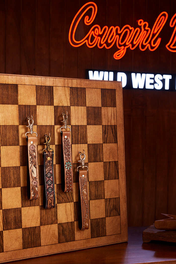 Myra Desert Daisy Handtooled Leather Keyfob in Cactus Umber