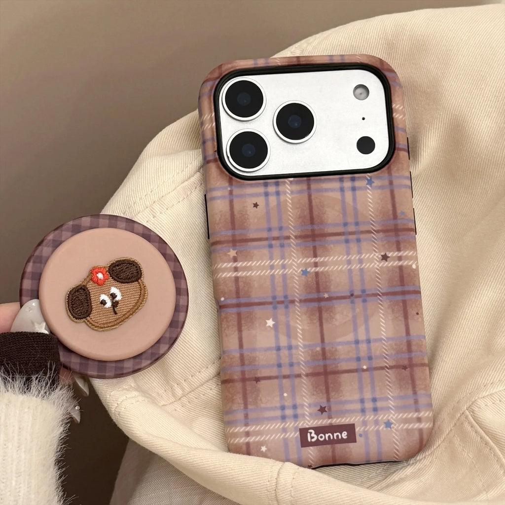 Cute Grid Pattern Cartoon Puppy Bracket Magnetic Phone Case For iPhone