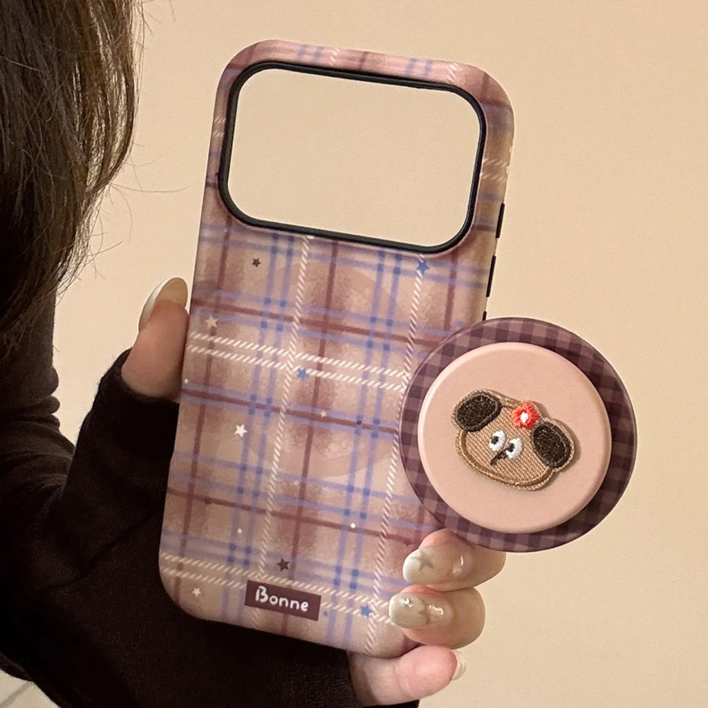 Cute Grid Pattern Cartoon Puppy Bracket Magnetic Phone Case For iPhone