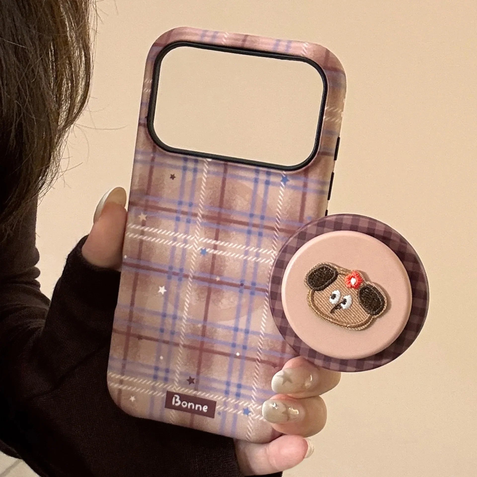 Cute Grid Pattern Cartoon Puppy Bracket Magnetic Phone Case For iPhone