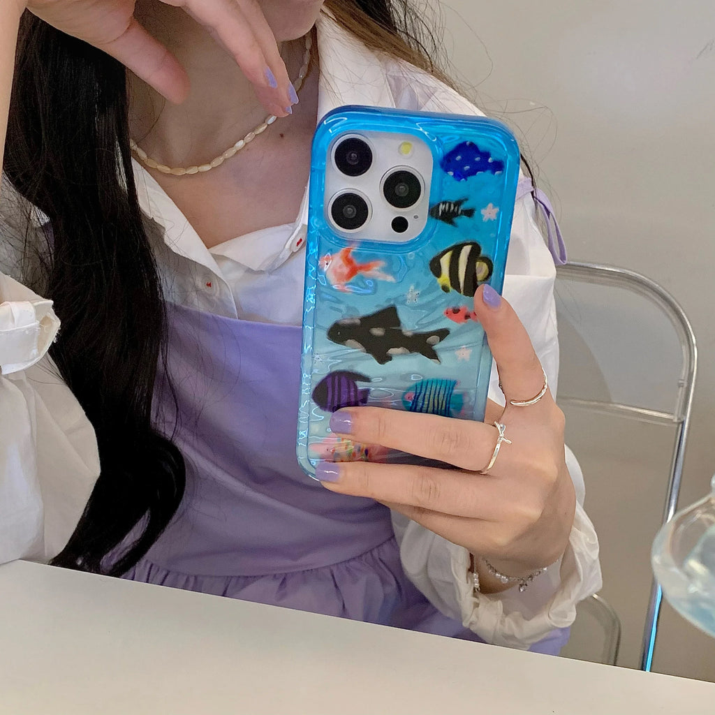 Korean Ins Ripple Texture Aquaria Lovely Fishes Case for iPhone 16 15 14 13 11 Pro Max Plus Back Phone Cover for 12 Pro Max