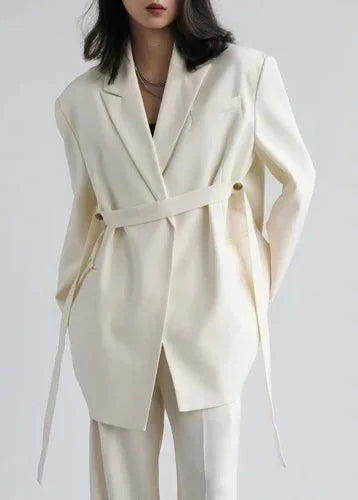 Wide Shoulder Ribbon Blazer Long Autumn Overcoat
